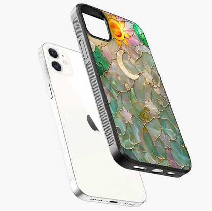 Stained Sunrise Glow Glass Case laid diagonally highlighting side profile, edges and glossy glass shine.