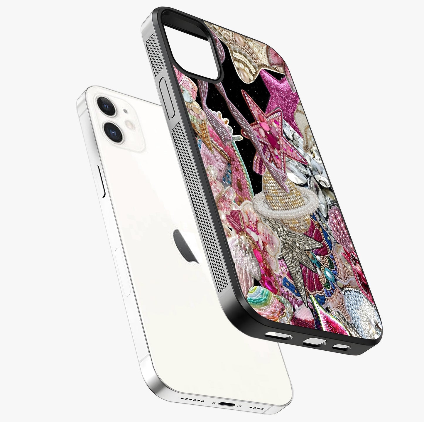 Starlit Jewel Dream Glass Case laid diagonally highlighting side profile, edges and glossy glass shine.