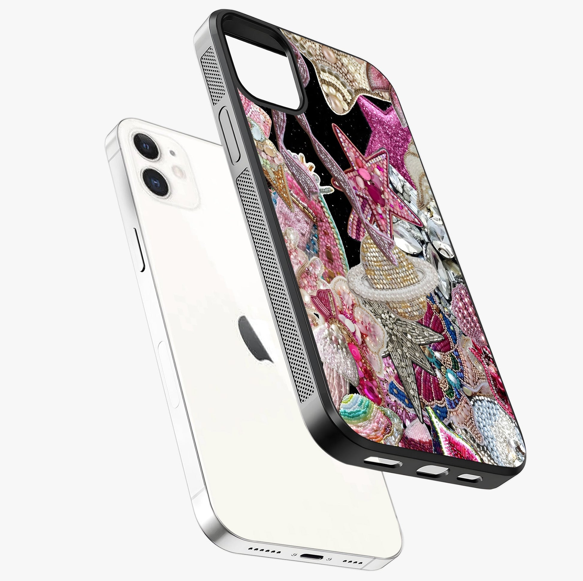 Starlit Jewel Dream Glass Case laid diagonally highlighting side profile, edges and glossy glass shine.