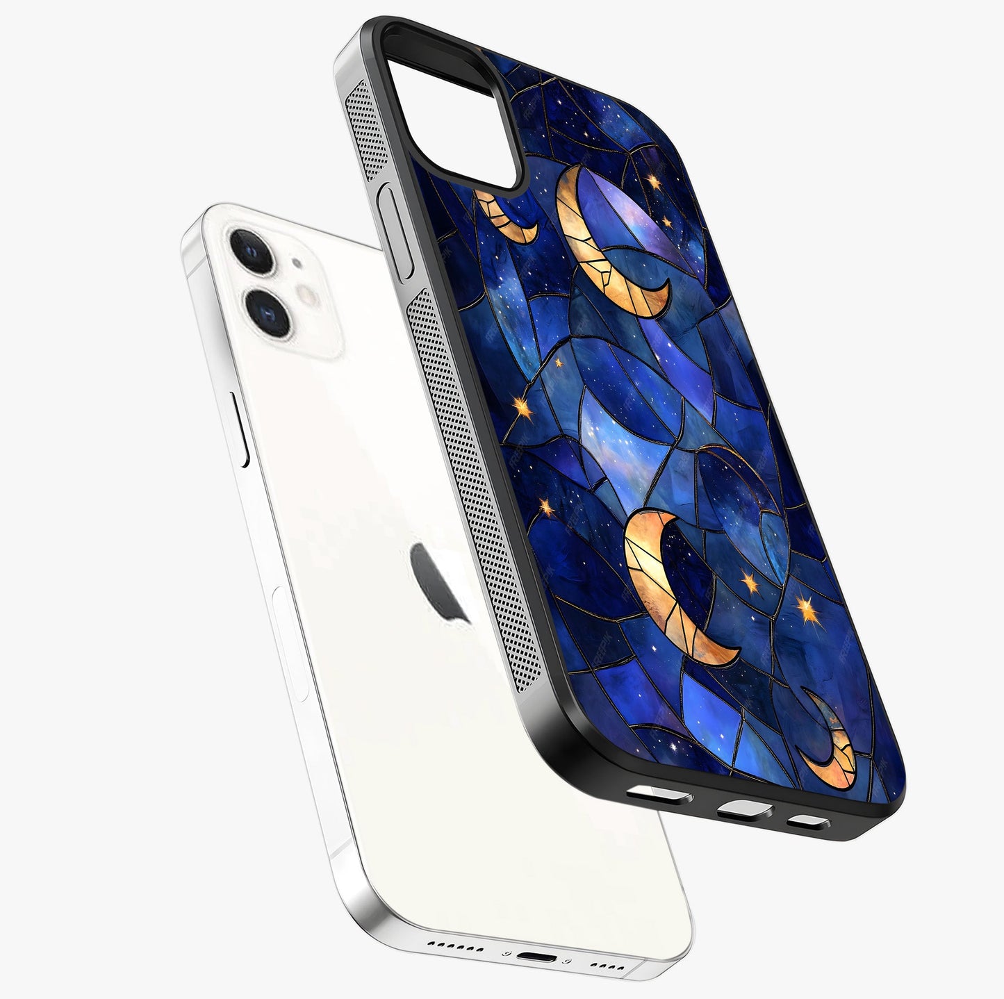 Starlit Sky Tapestry Glass Case laid diagonally highlighting side profile, edges and glossy glass shine.