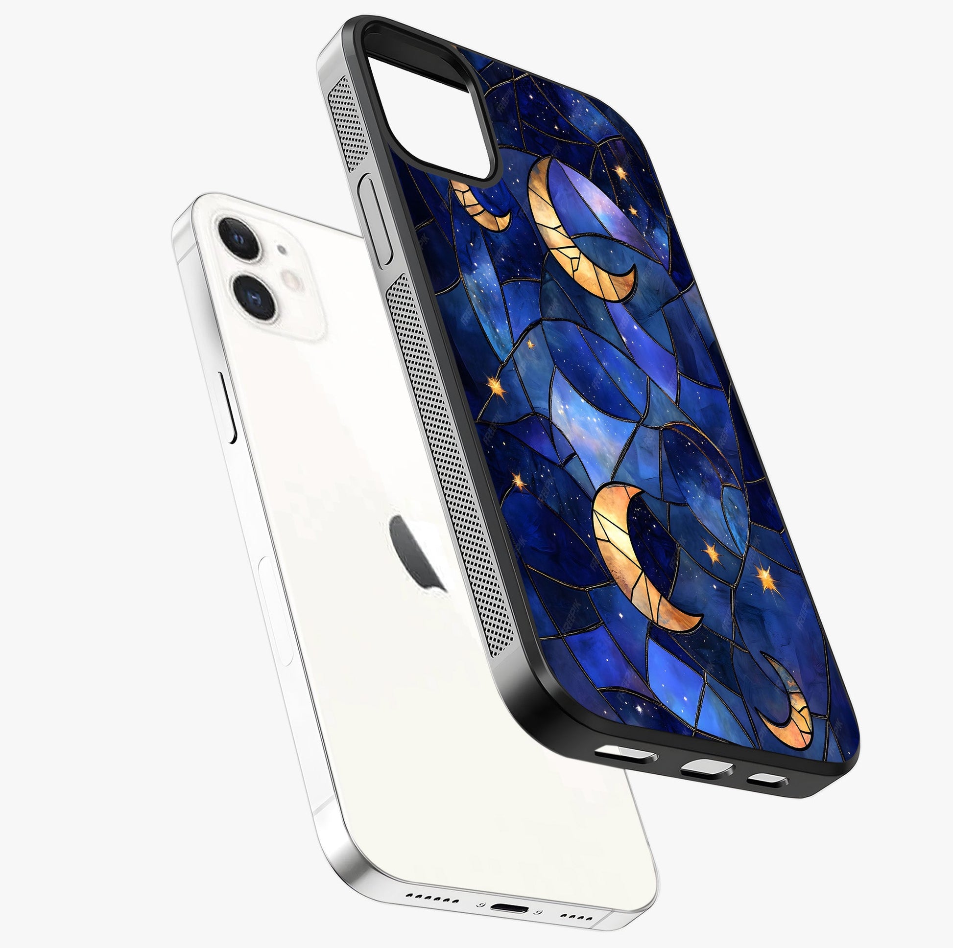 Starlit Sky Tapestry Glass Case laid diagonally highlighting side profile, edges and glossy glass shine.