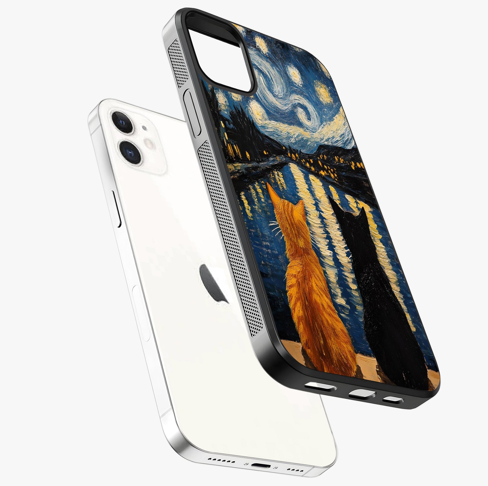 Starry River Cats Glass Case laid diagonally highlighting side profile, edges and glossy glass shine.