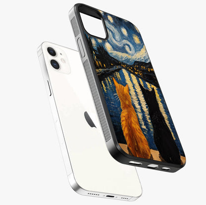 Starry River Cats Glass Case laid diagonally highlighting side profile, edges and glossy glass shine.