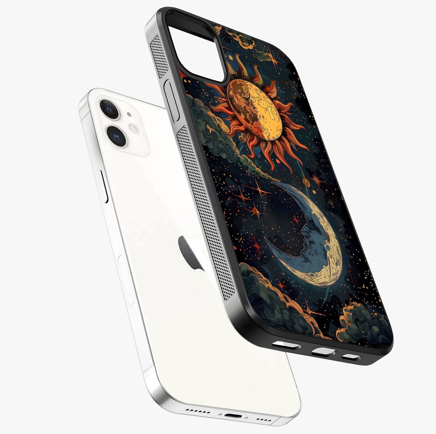 Sun And Moon Magic Design Glass Case laid diagonally highlighting side profile, edges and glossy glass shine.