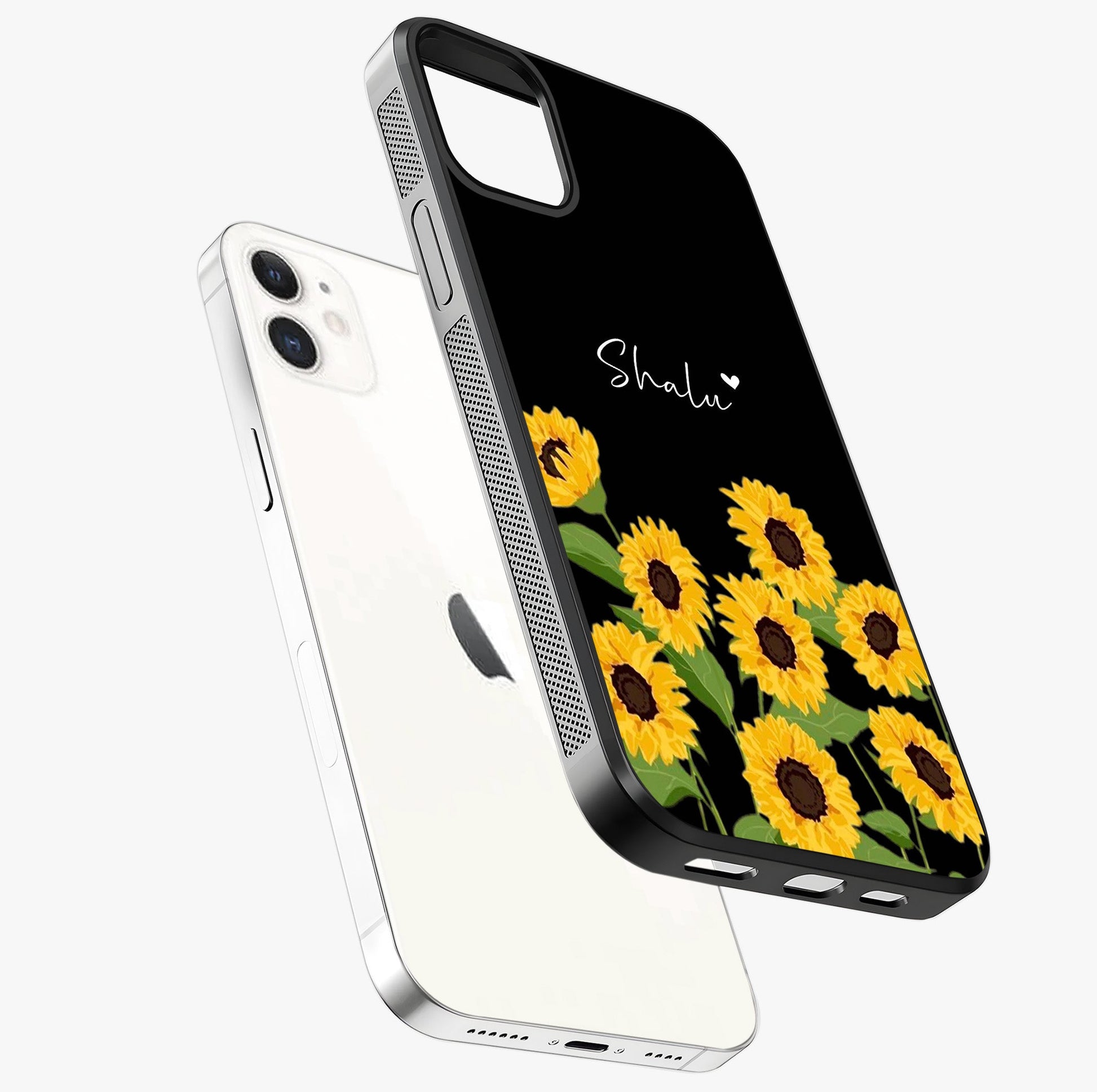 Sunflower Chic Mood Custom Name Glass Case laid diagonally highlighting side profile, edges and glossy glass shine.