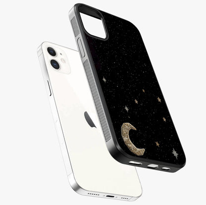 Twinkle Star With Half Moon Glass Case laid diagonally highlighting side profile, edges and glossy glass shine.