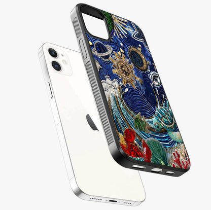 Universe Underwater Spark Glass Case laid diagonally highlighting side profile, edges and glossy glass shine.