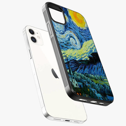 Van Gogh Art Glass Case laid diagonally highlighting side profile, edges and glossy glass shine.