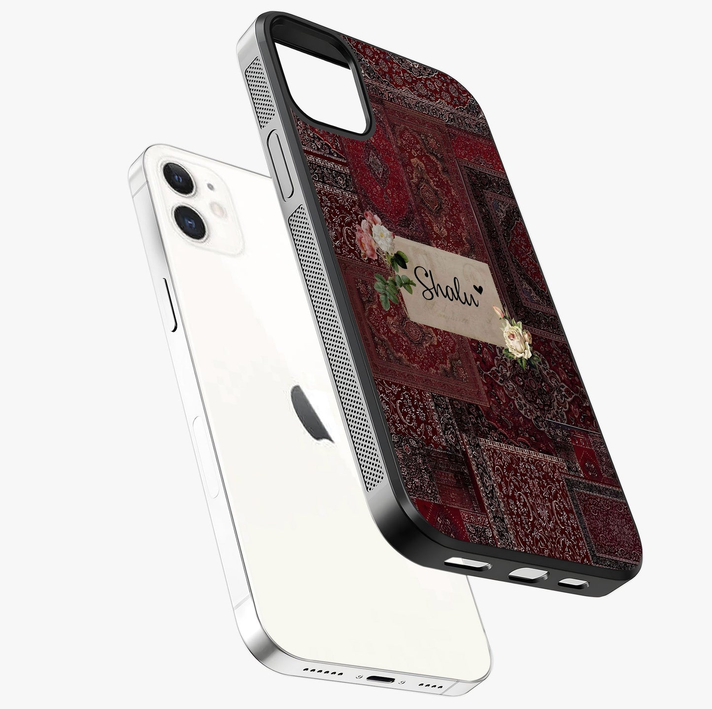Velvet Wine Pattern Custom Name Glass Case laid diagonally highlighting side profile, edges and glossy glass shine.