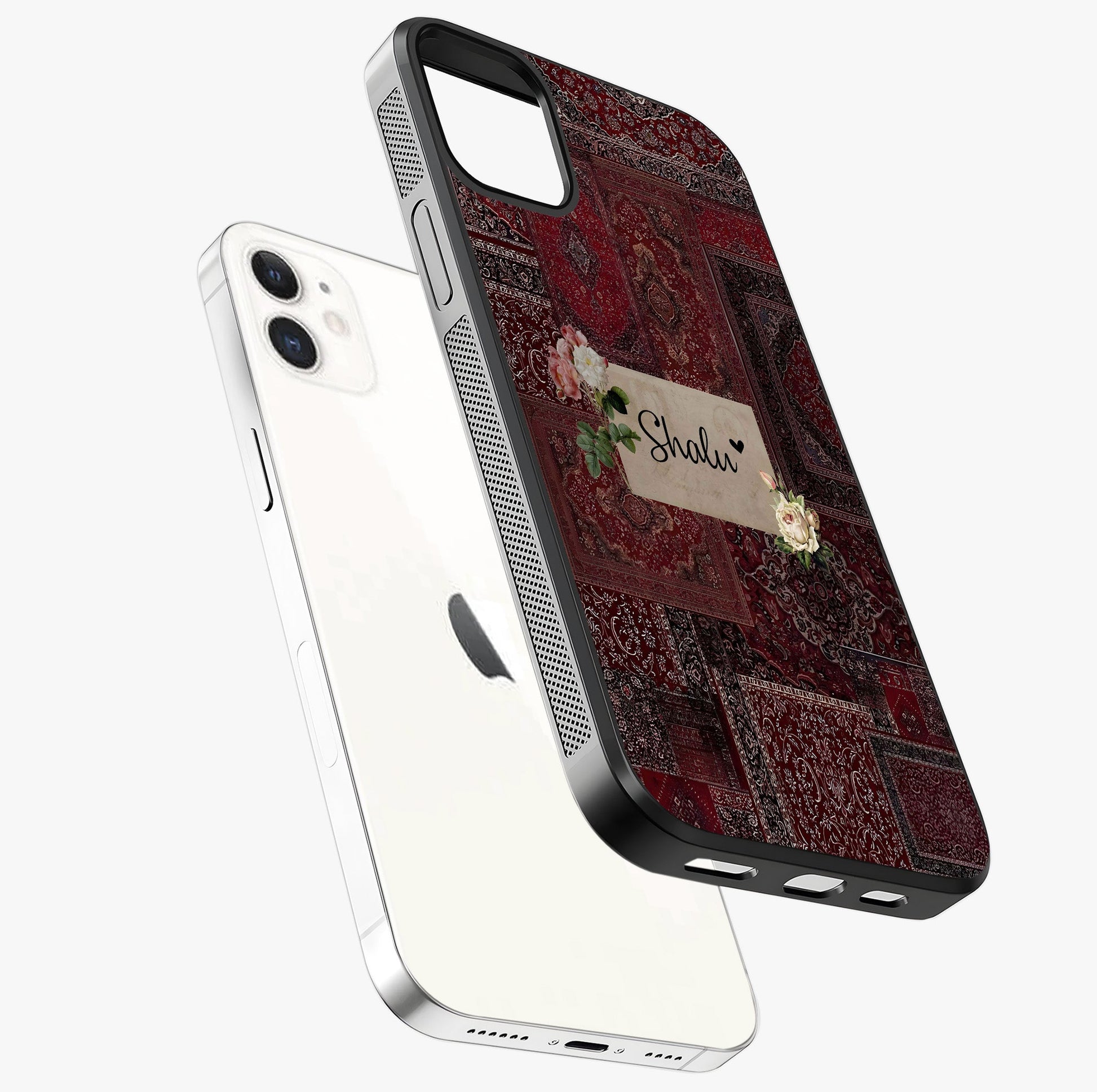 Velvet Wine Pattern Custom Name Glass Case laid diagonally highlighting side profile, edges and glossy glass shine.