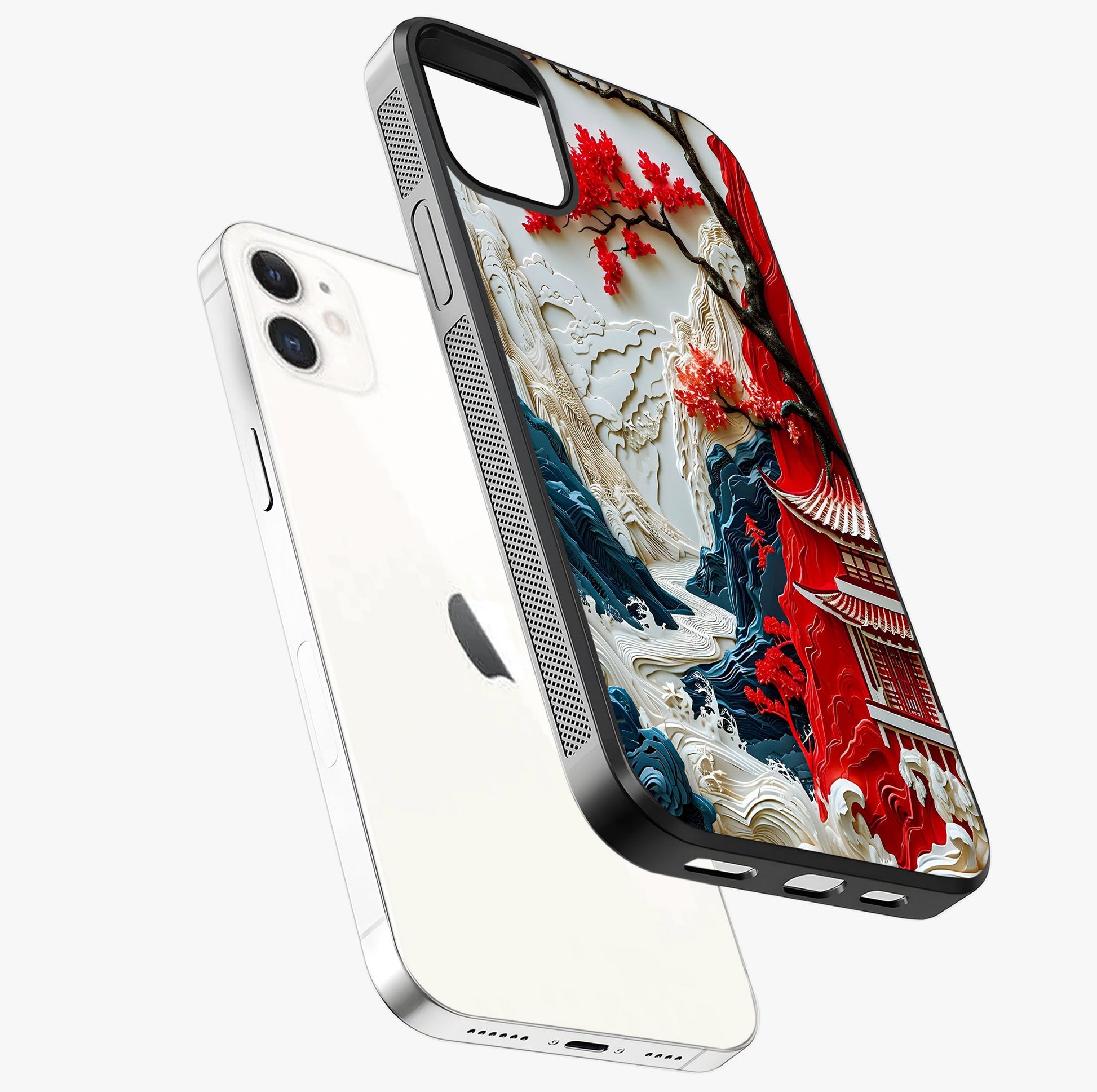 Whispers Of Sakura Waves Glass Case laid diagonally highlighting side profile, edges and glossy glass shine.