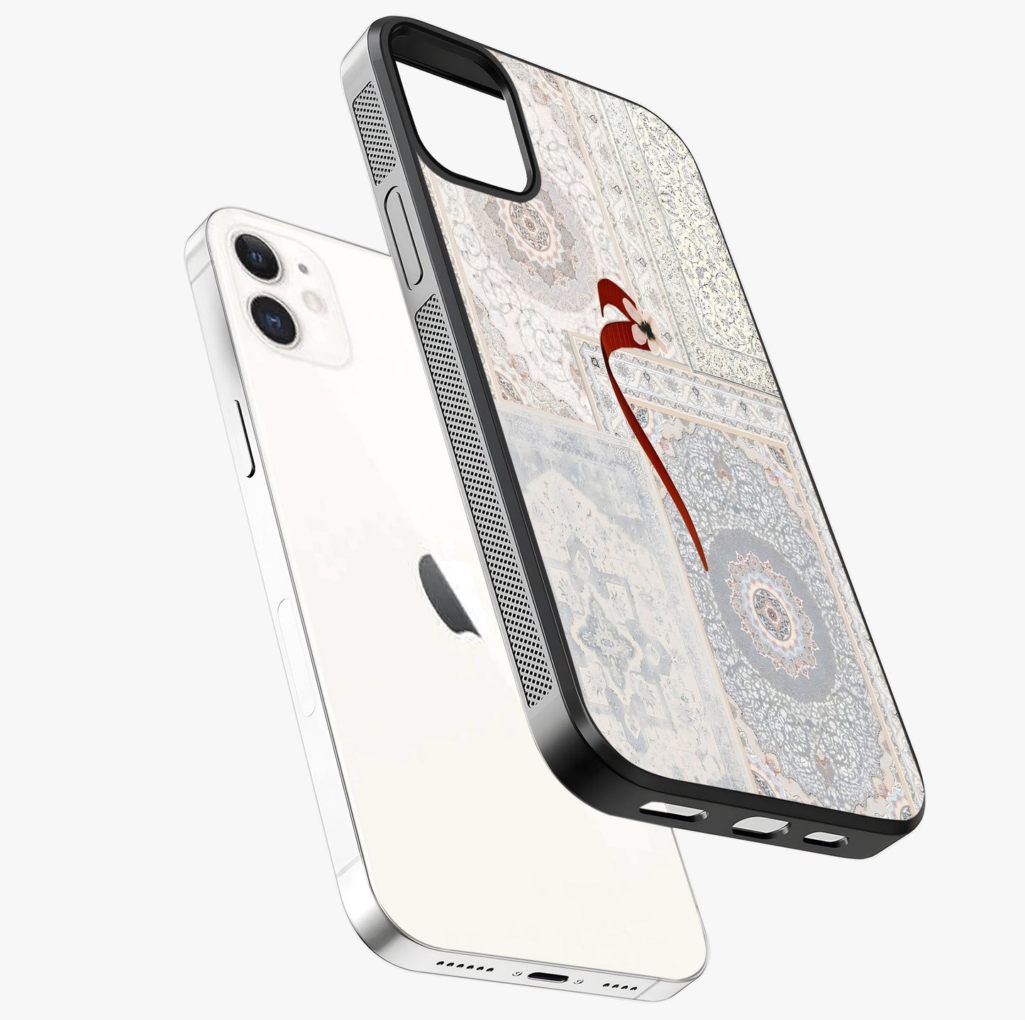 White Aesthetic Bow Glass Case laid diagonally highlighting side profile, edges and glossy glass shine.