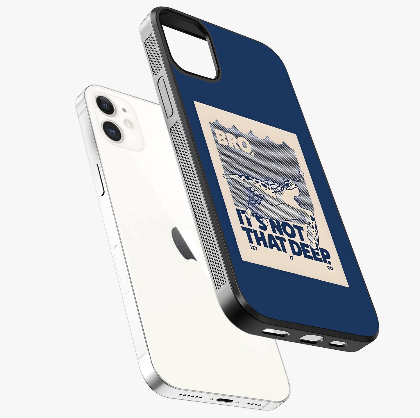 Worry Less Swim Glass Case laid diagonally highlighting side profile, edges and glossy glass shine.