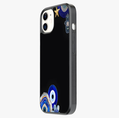 Aesthetic Blue Evil Eye Glass Case photographed in natural light showing reflective finish and design depth.
