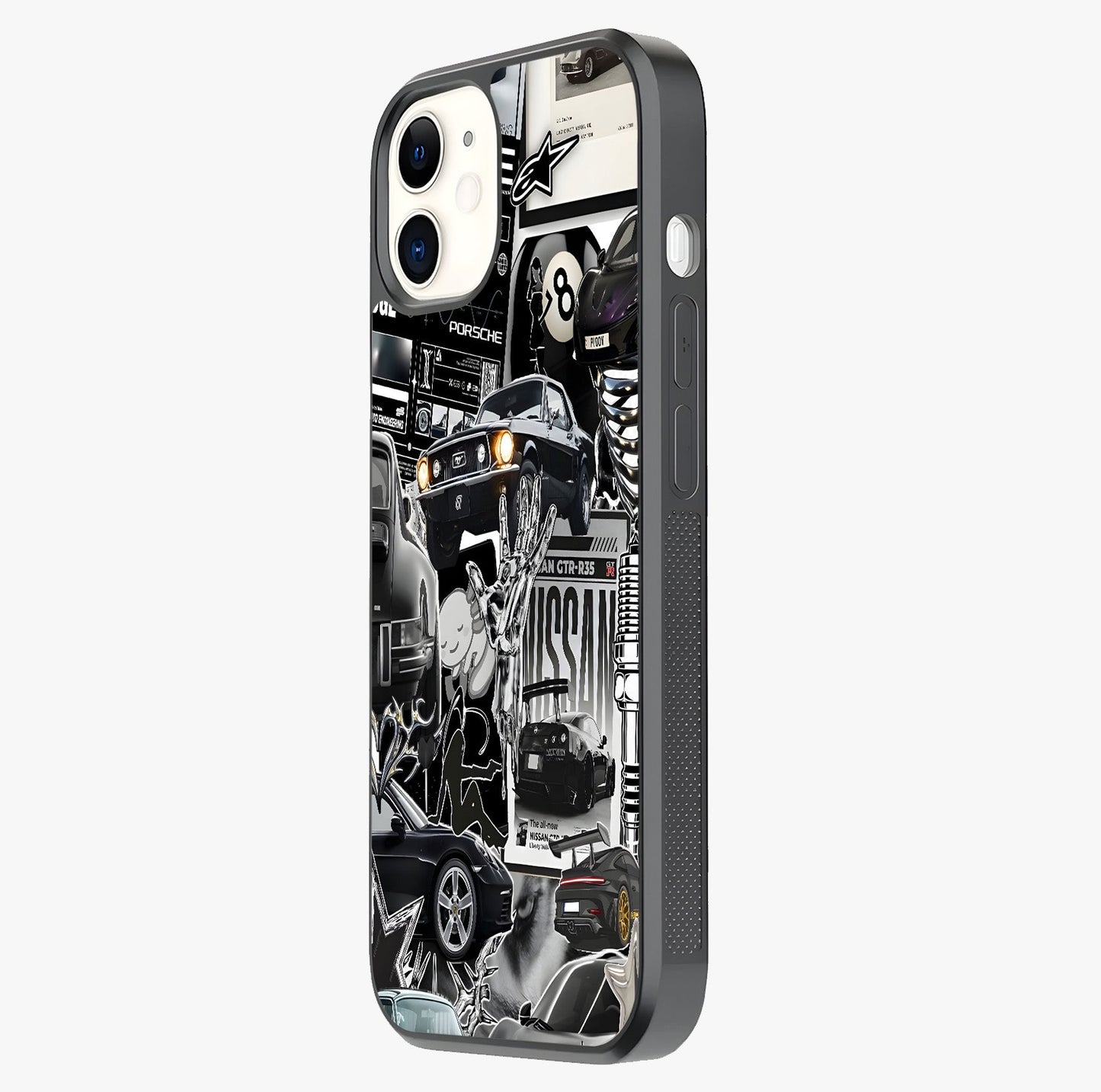 Aesthetic Dark Love Glass Case photographed in natural light showing reflective finish and design depth.