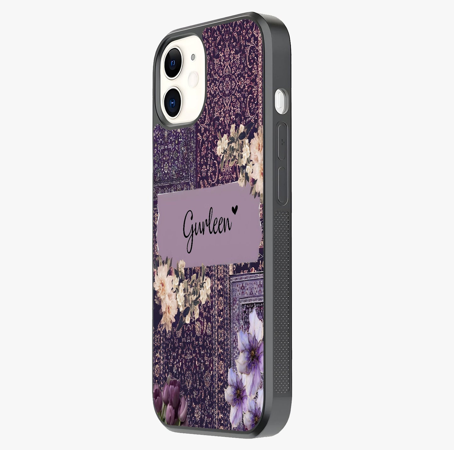 Antique Floral Whisper Custom Name Glass Case photographed in natural light showing reflective finish and design depth.
