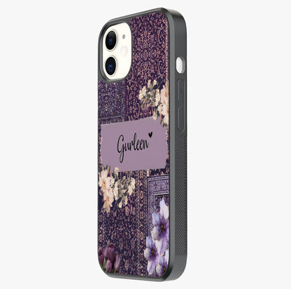 Antique Floral Whisper Custom Name Glass Case photographed in natural light showing reflective finish and design depth.