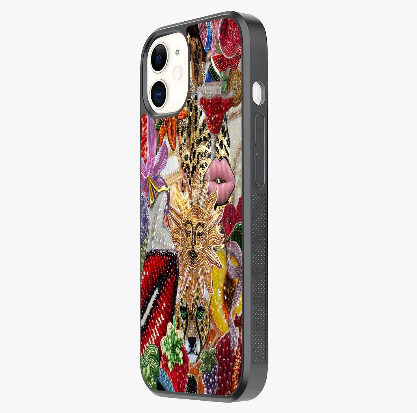 Beaded Fashion Jungle Glass Case photographed in natural light showing reflective finish and design depth.