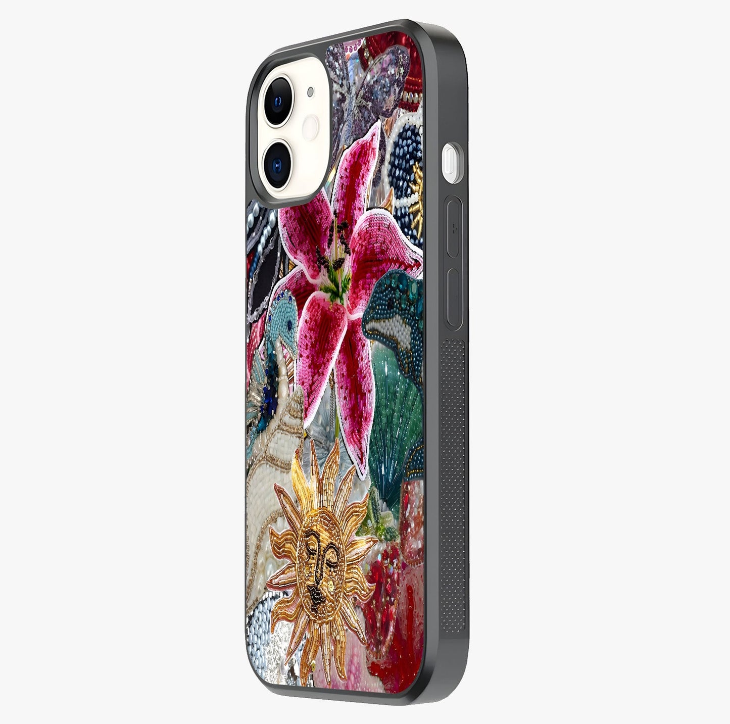 Beaded Garden Fantasy Glass Case photographed in natural light showing reflective finish and design depth.