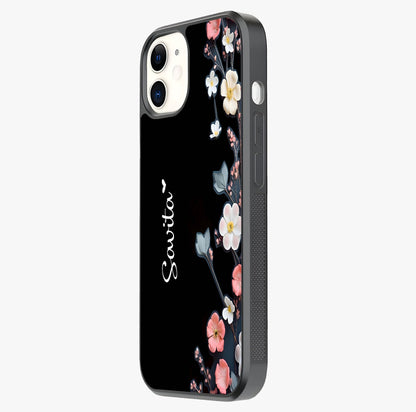 Black Elegance Floral Custom Name Glass Case photographed in natural light showing reflective finish and design depth.
