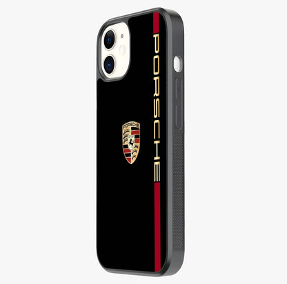 Black Minimal Porsche Glass Case photographed in natural light showing reflective finish and design depth.