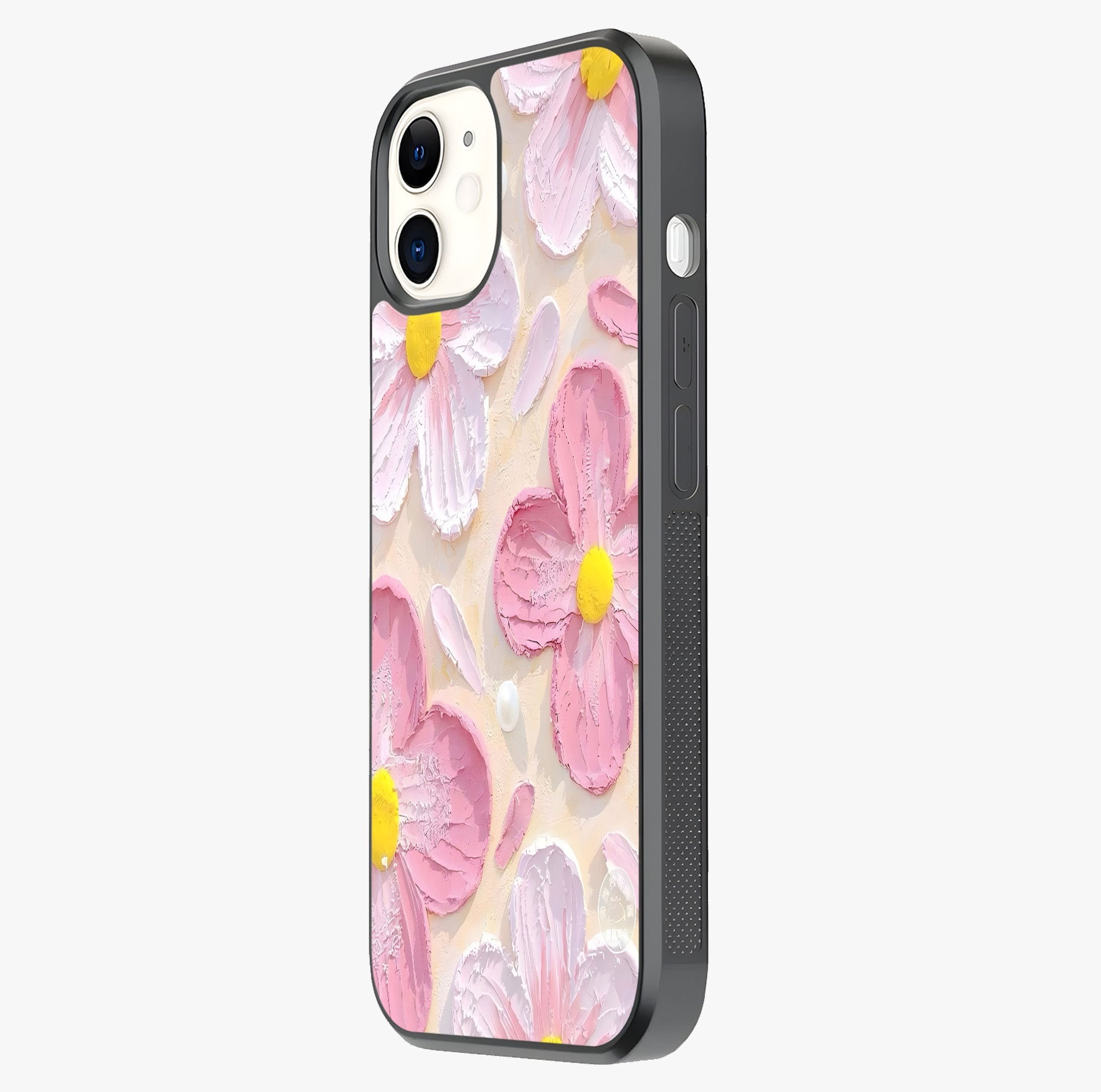 Blush Bloom Texture Glass Case photographed in natural light showing reflective finish and design depth.