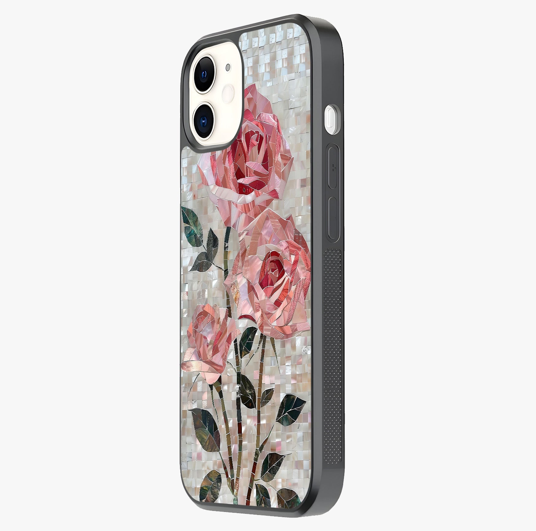 Blush Mosaic Bloom Glass Case photographed in natural light showing reflective finish and design depth.