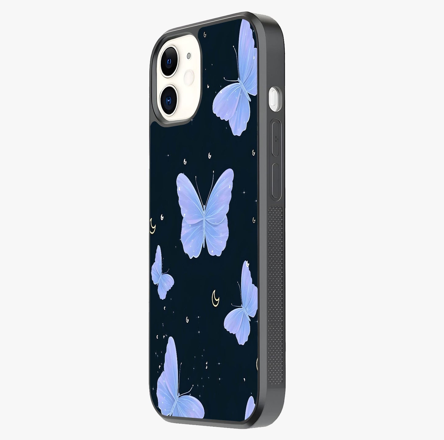 Butterfly With Stars Pattern Glass Case photographed in natural light showing reflective finish and design depth.