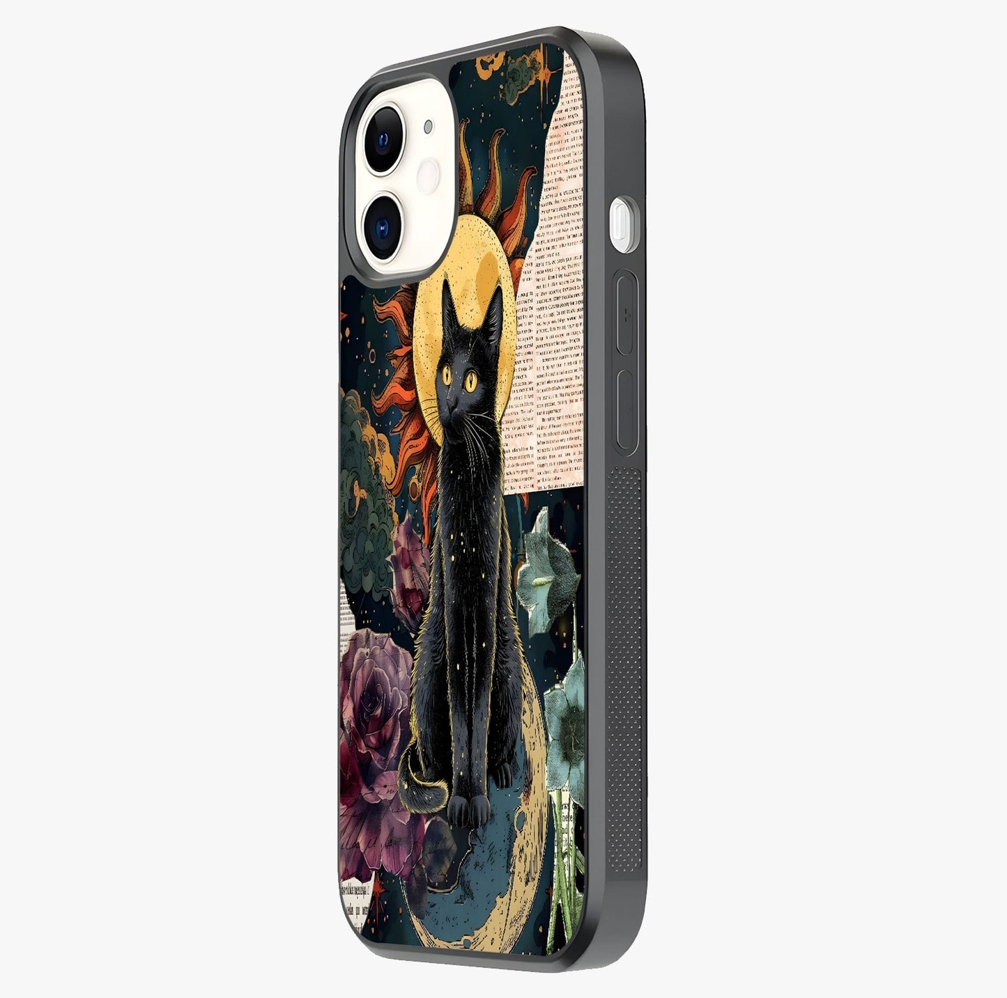 Celestial Black Cat Glass Case photographed in natural light showing reflective finish and design depth.