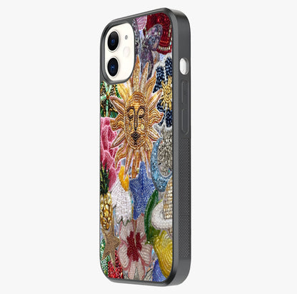 Celestial Floral And Playful Glass Case photographed in natural light showing reflective finish and design depth.