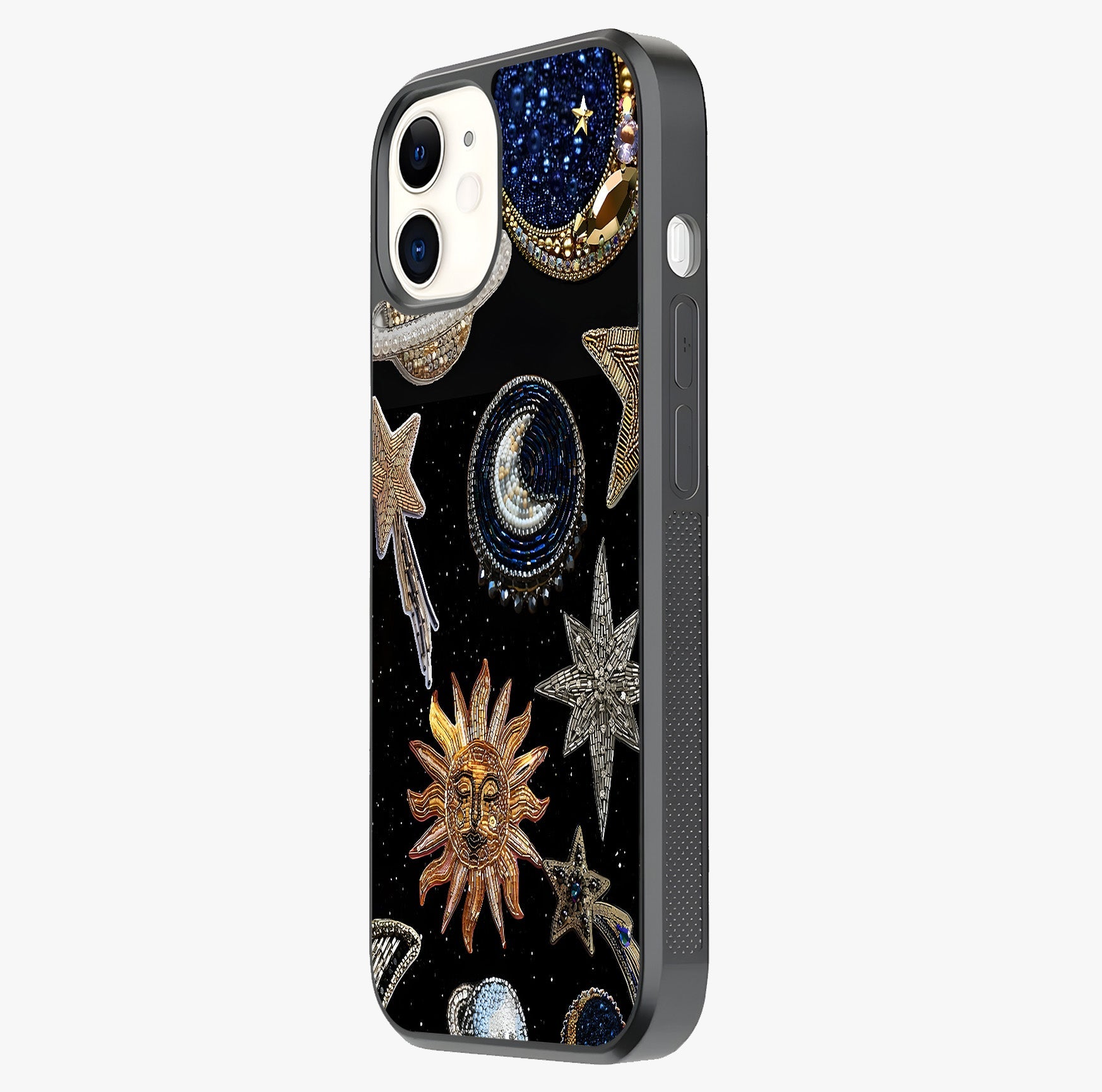 Celestial Gem Constellations Glass Case photographed in natural light showing reflective finish and design depth.