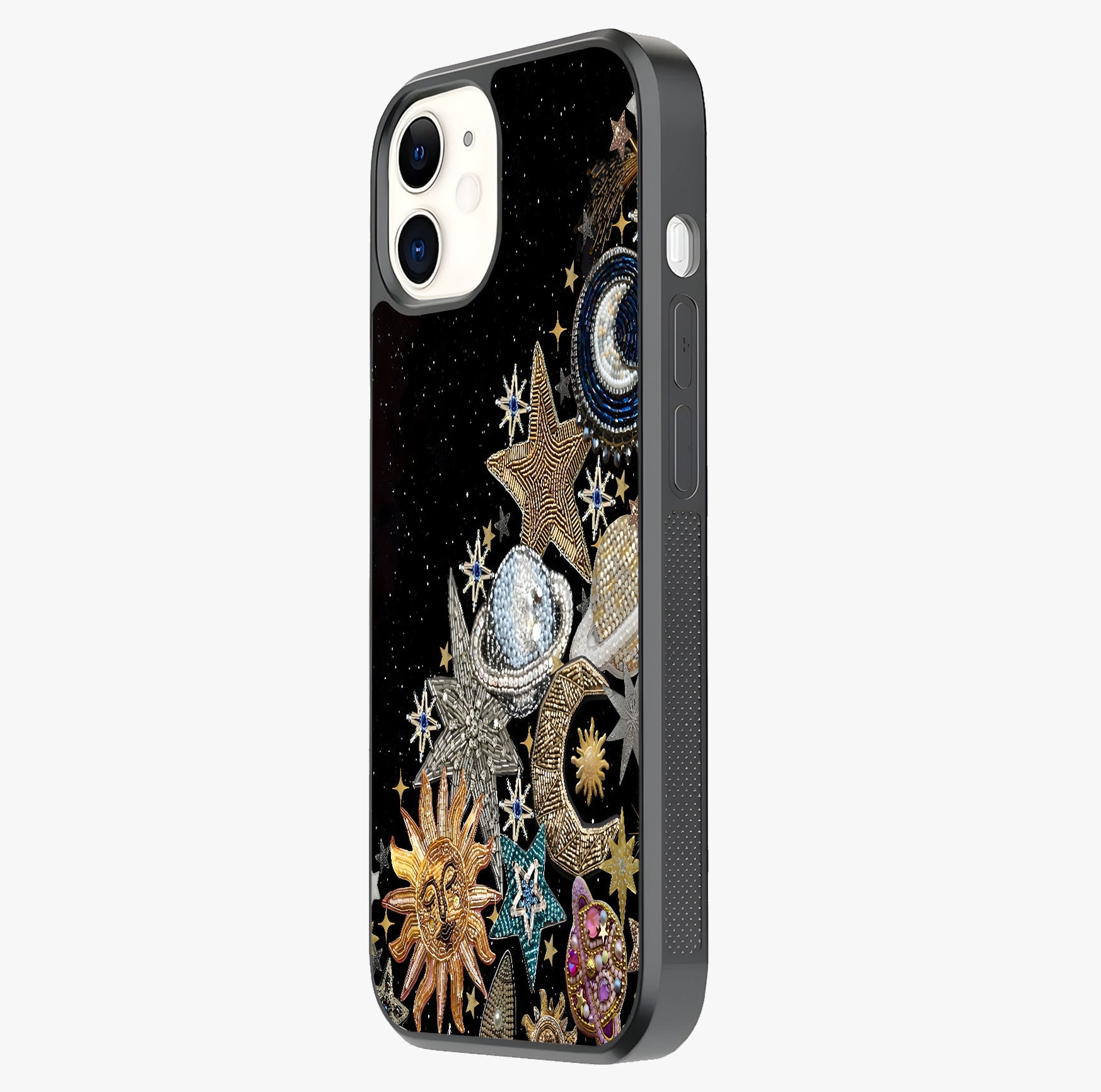 Cosmic Sparkle Dreams Glass Case photographed in natural light showing reflective finish and design depth.