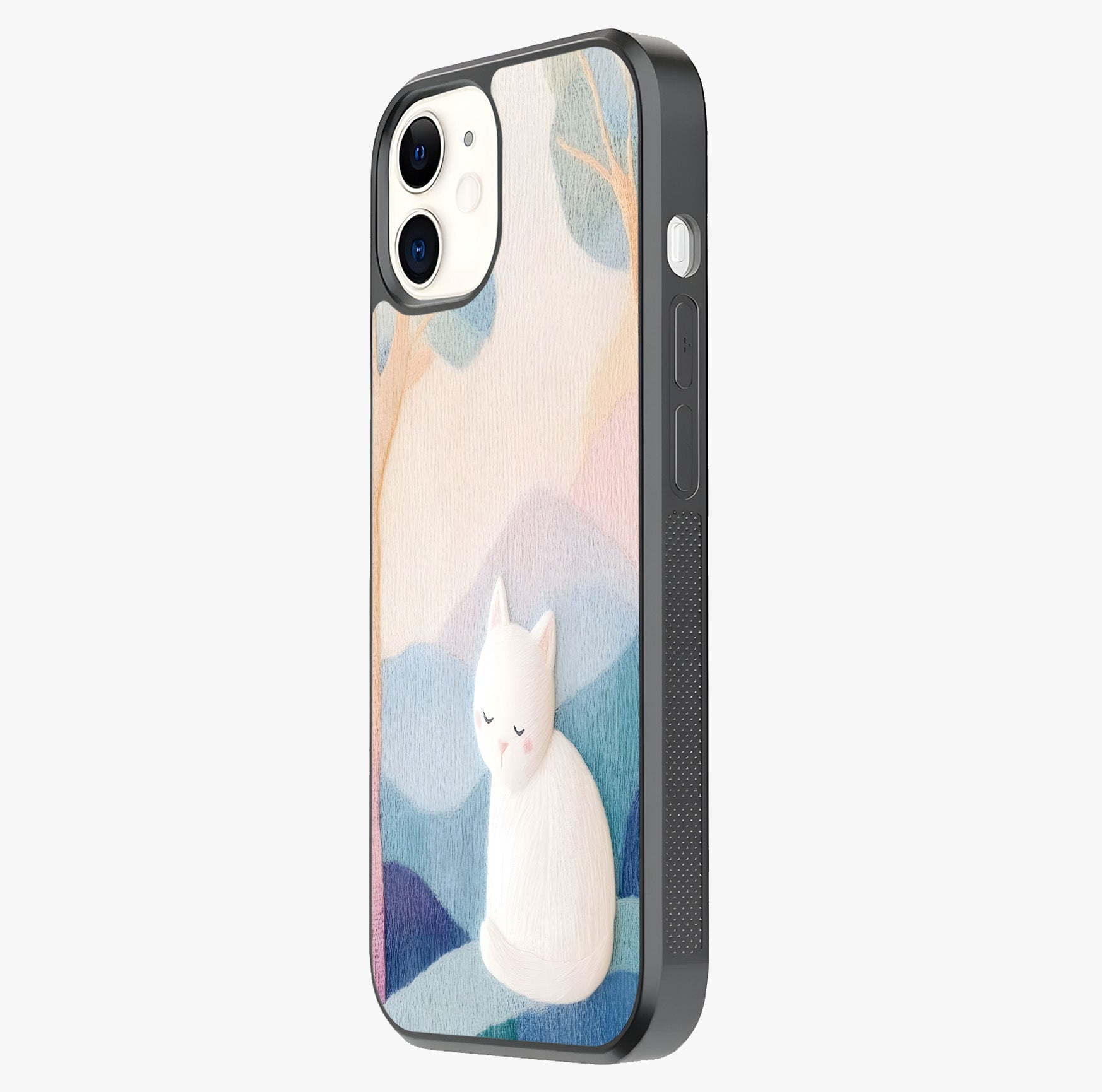 Cotton Dream Cat Glass Case photographed in natural light showing reflective finish and design depth.