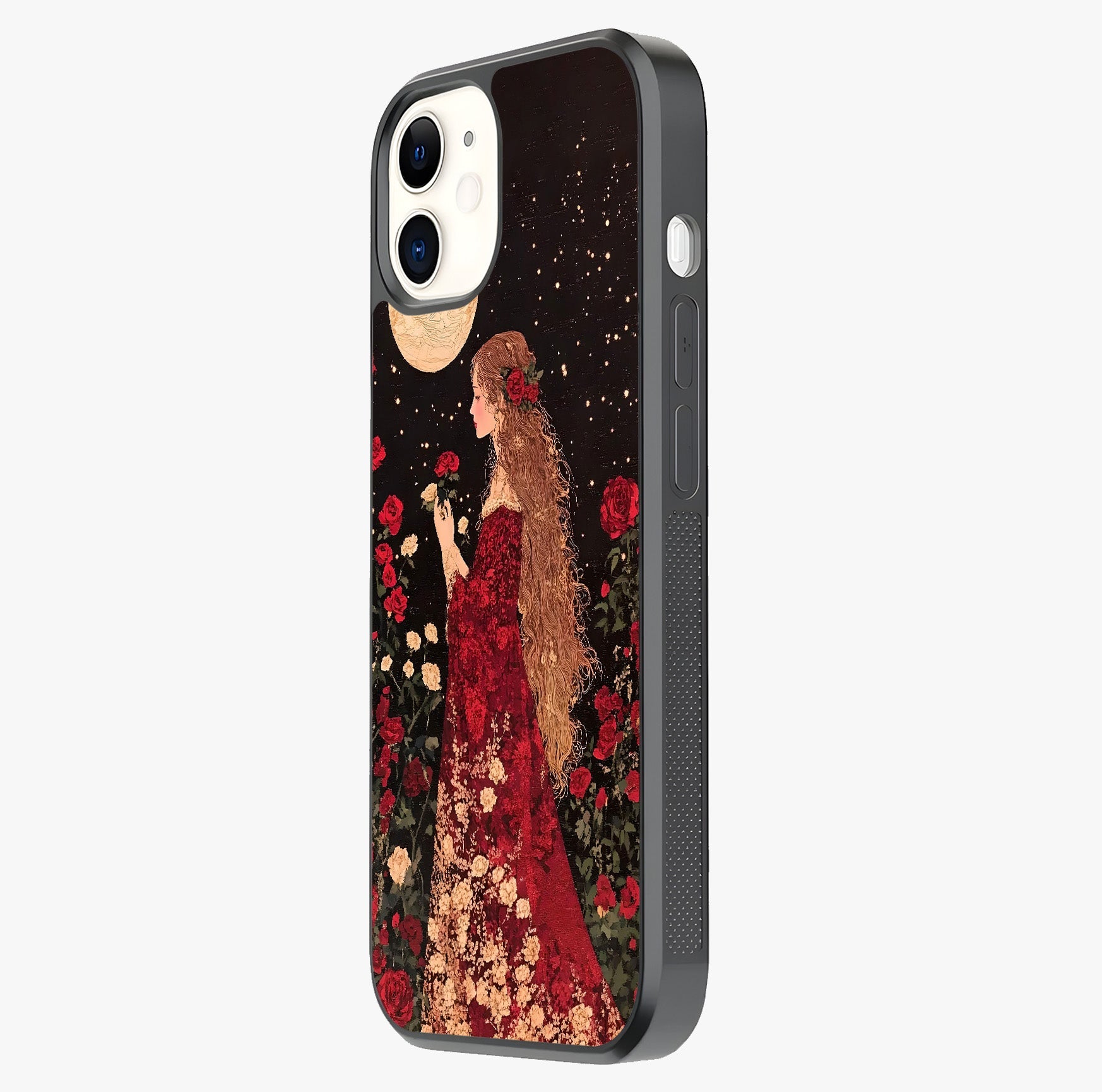 Crimson Dreams Glass Case photographed in natural light showing reflective finish and design depth.