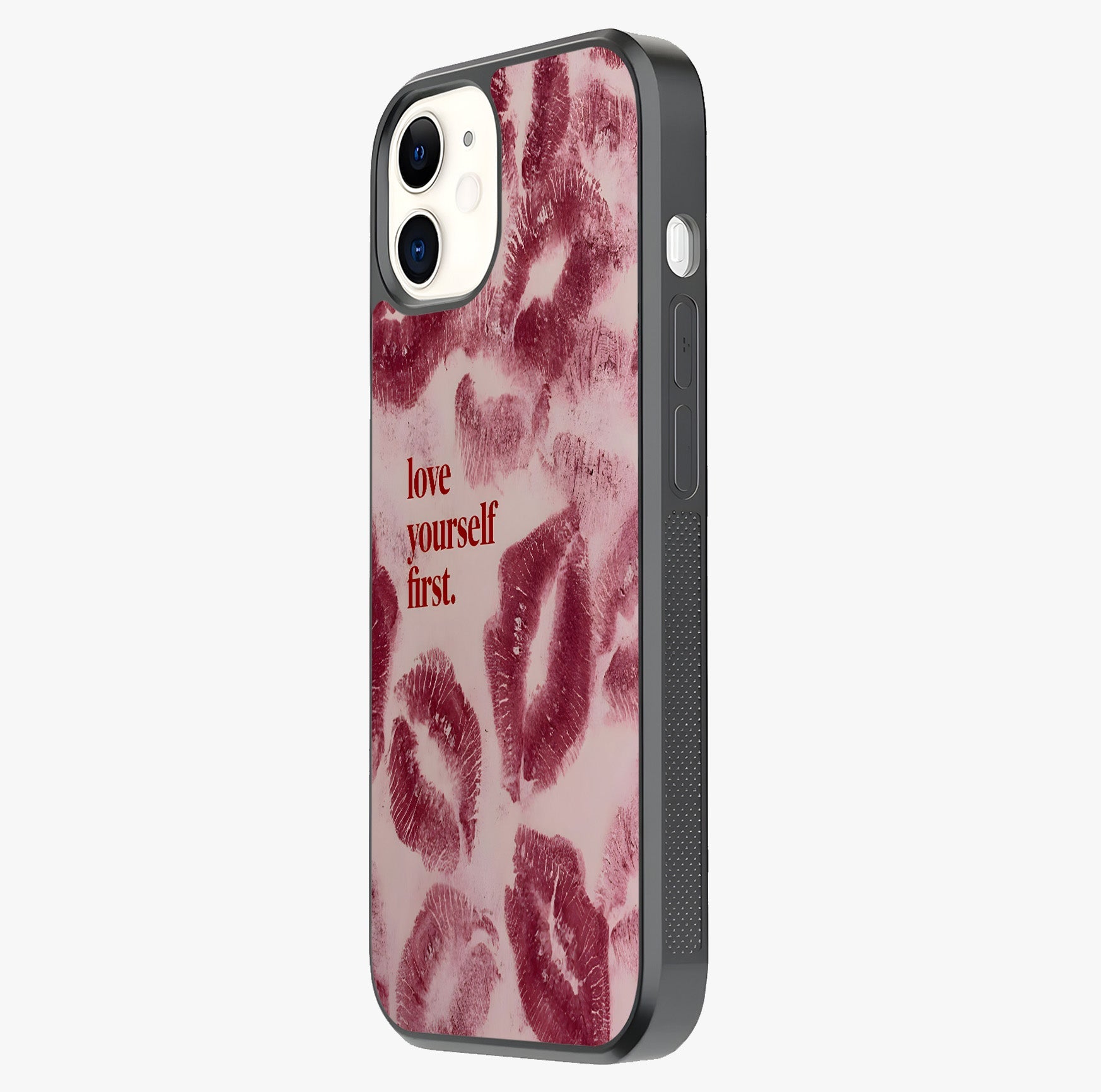 Crimson Kiss Love Glass Case photographed in natural light showing reflective finish and design depth.