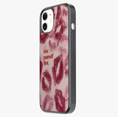 Crimson Kiss Love Glass Case photographed in natural light showing reflective finish and design depth.