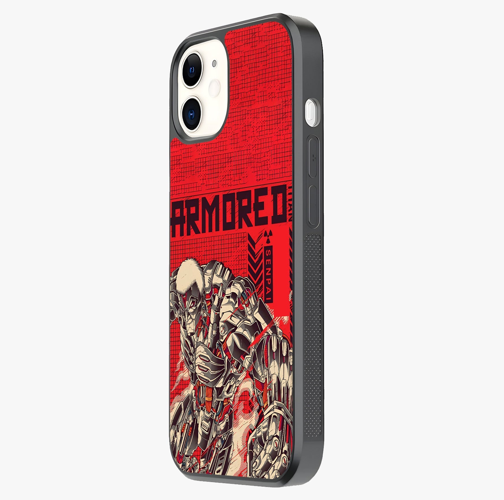 Crimson Mecha Titan Glass Case photographed in natural light showing reflective finish and design depth.
