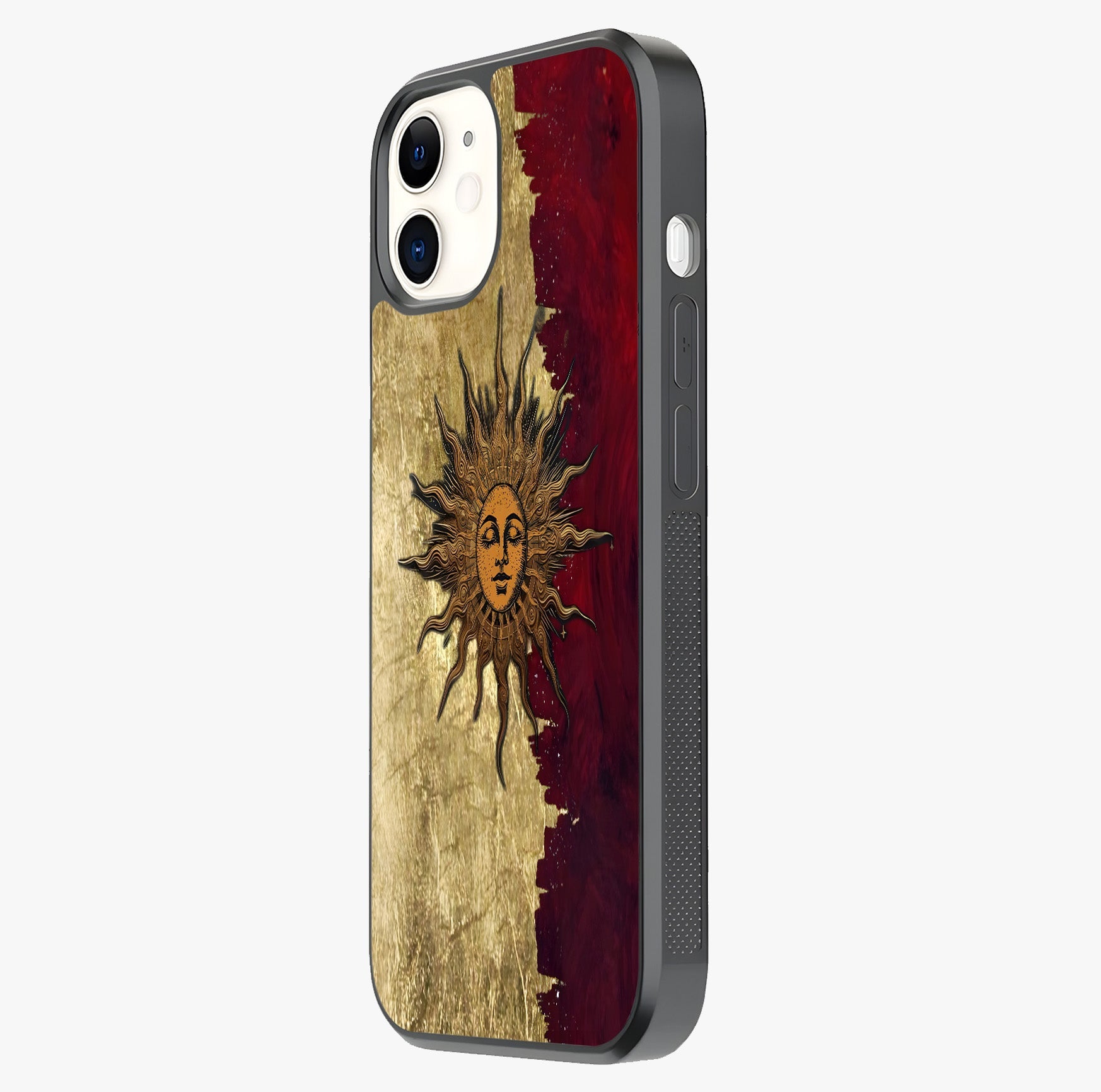 Crimson Sun Majesty Glass Case photographed in natural light showing reflective finish and design depth.