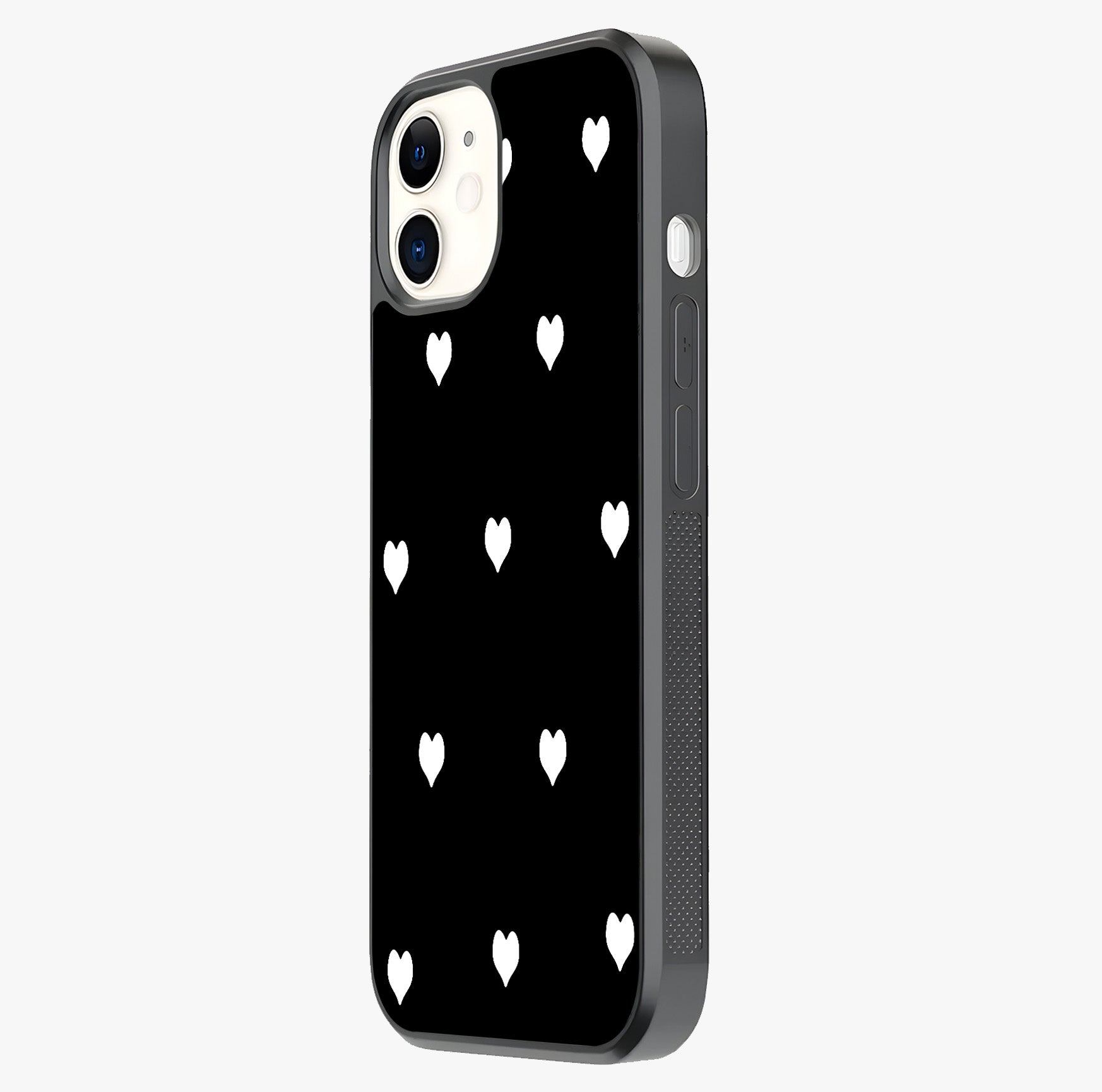 Cute And Simple White Hearts Glass Case photographed in natural light showing reflective finish and design depth.