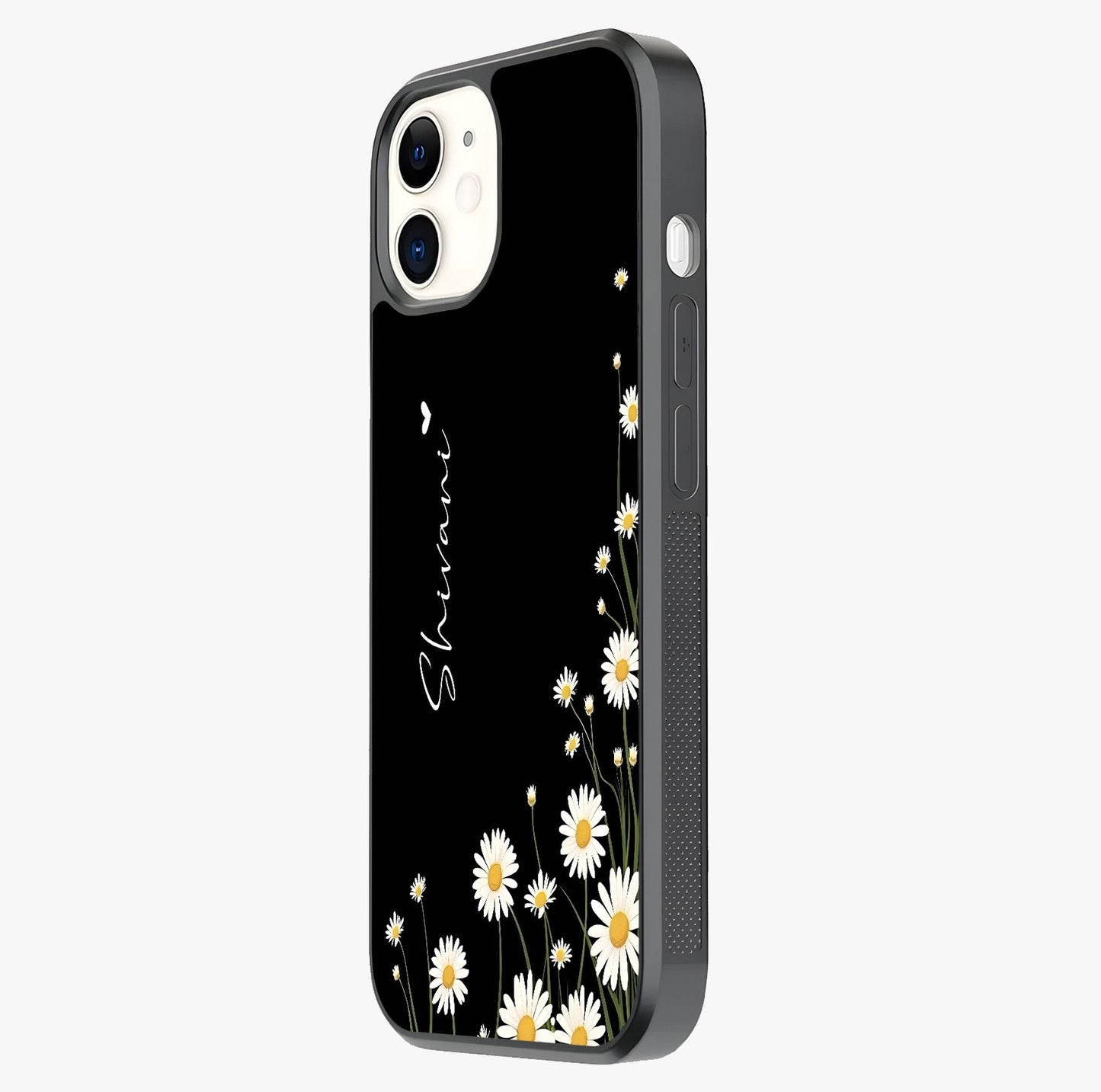 Daisy Cascade Custom Name Glass Case photographed in natural light showing reflective finish and design depth.