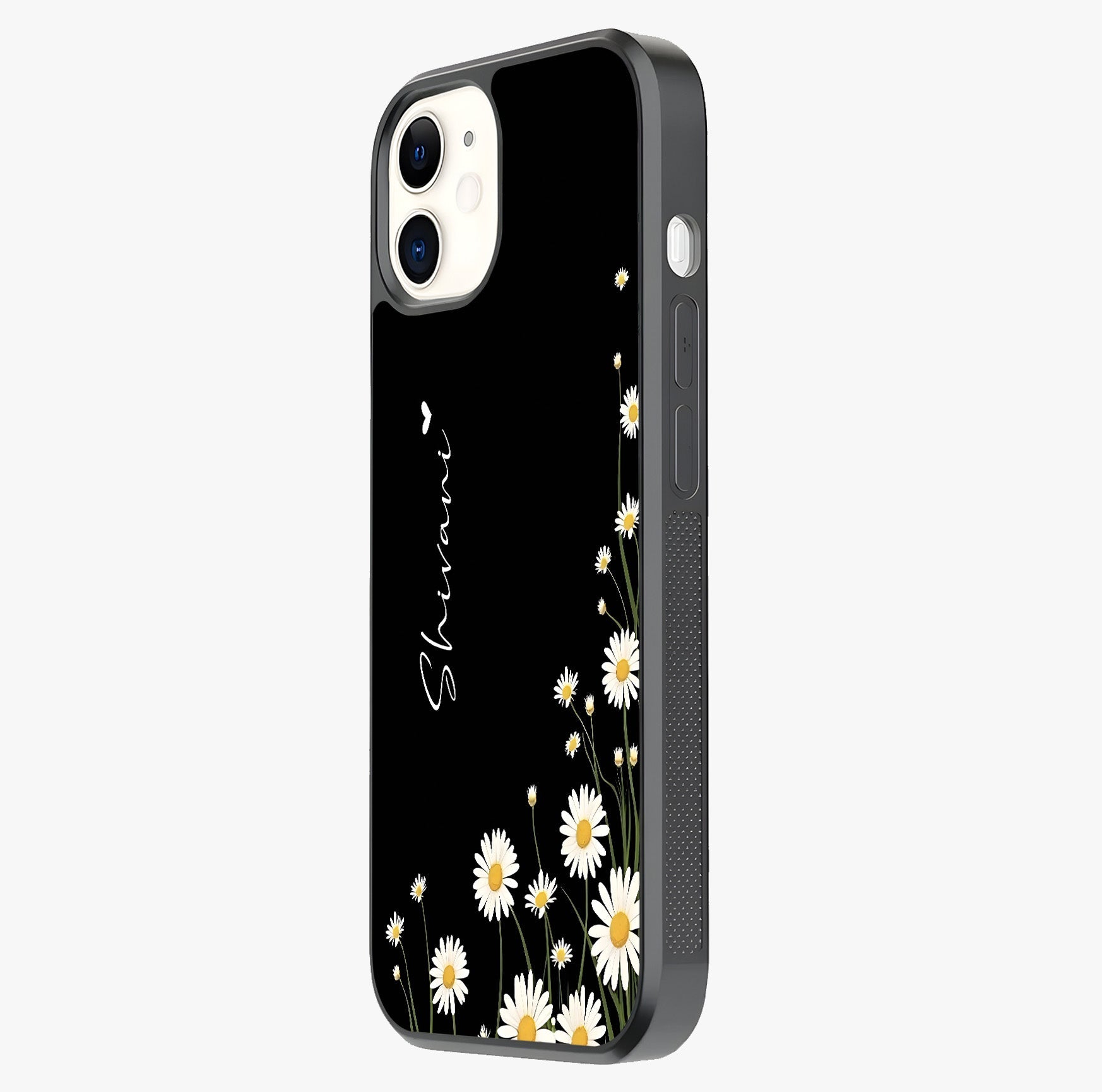 Daisy Cascade Custom Name Glass Case photographed in natural light showing reflective finish and design depth.