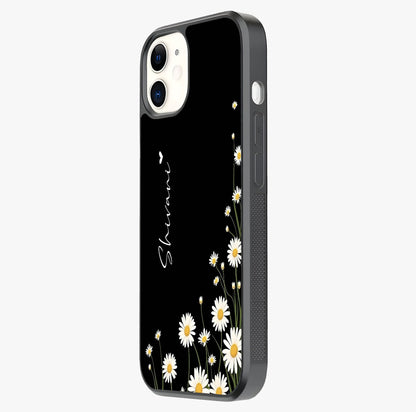 Daisy Cascade Custom Name Glass Case photographed in natural light showing reflective finish and design depth.