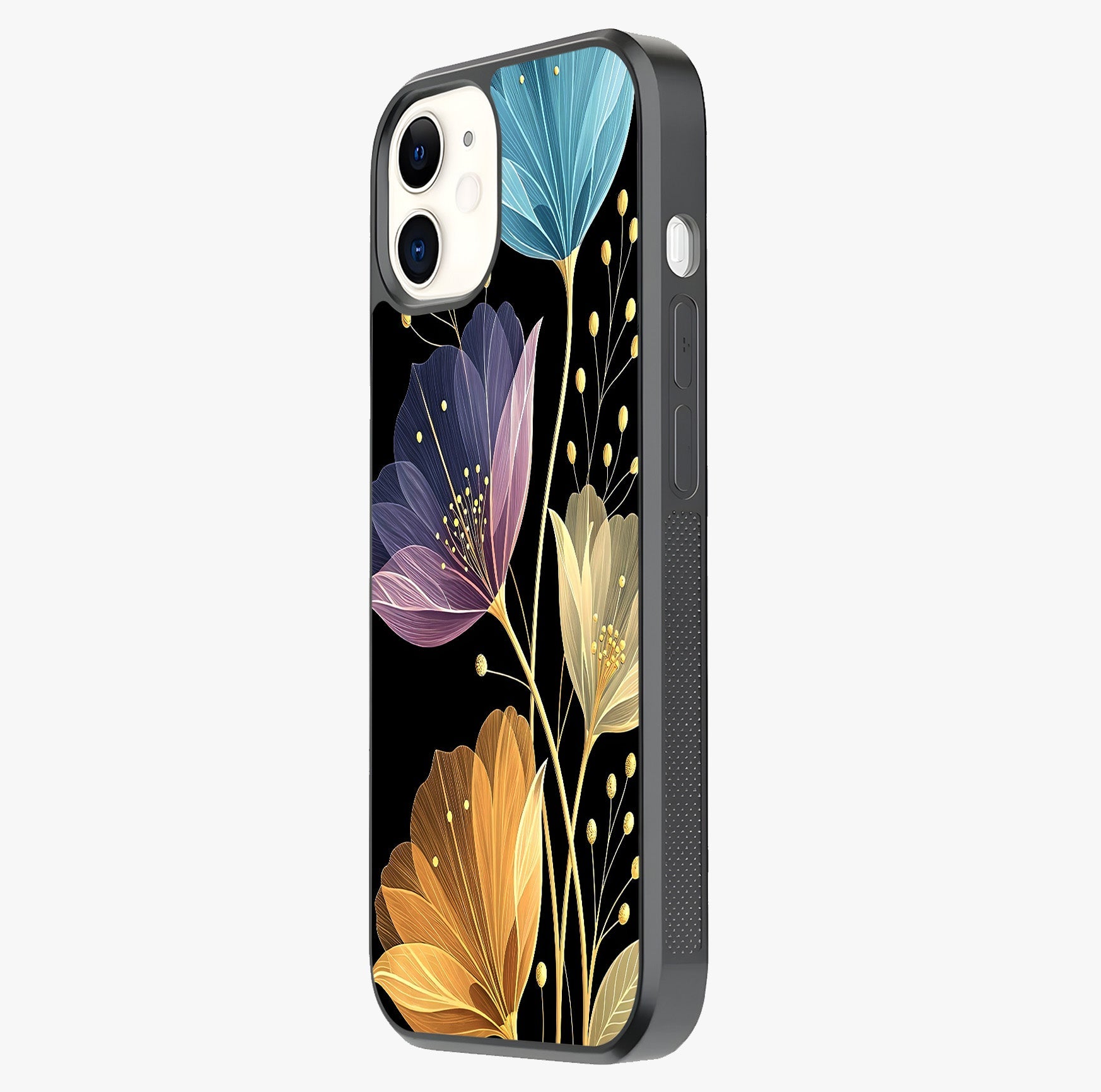 Delicate Multicolor Flowers Glass Case photographed in natural light showing reflective finish and design depth.