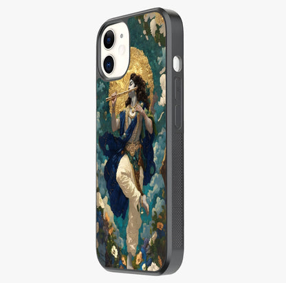 Divine Krishna Art Glass Case photographed in natural light showing reflective finish and design depth.