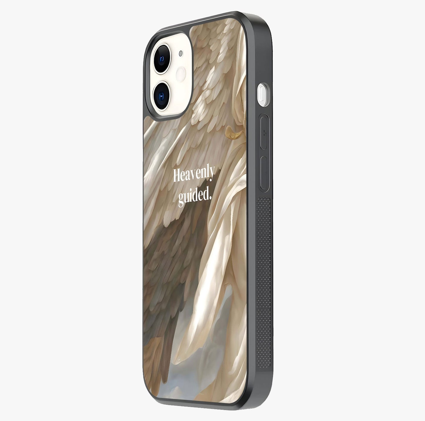 Divine Winged Grace Glass Case photographed in natural light showing reflective finish and design depth.