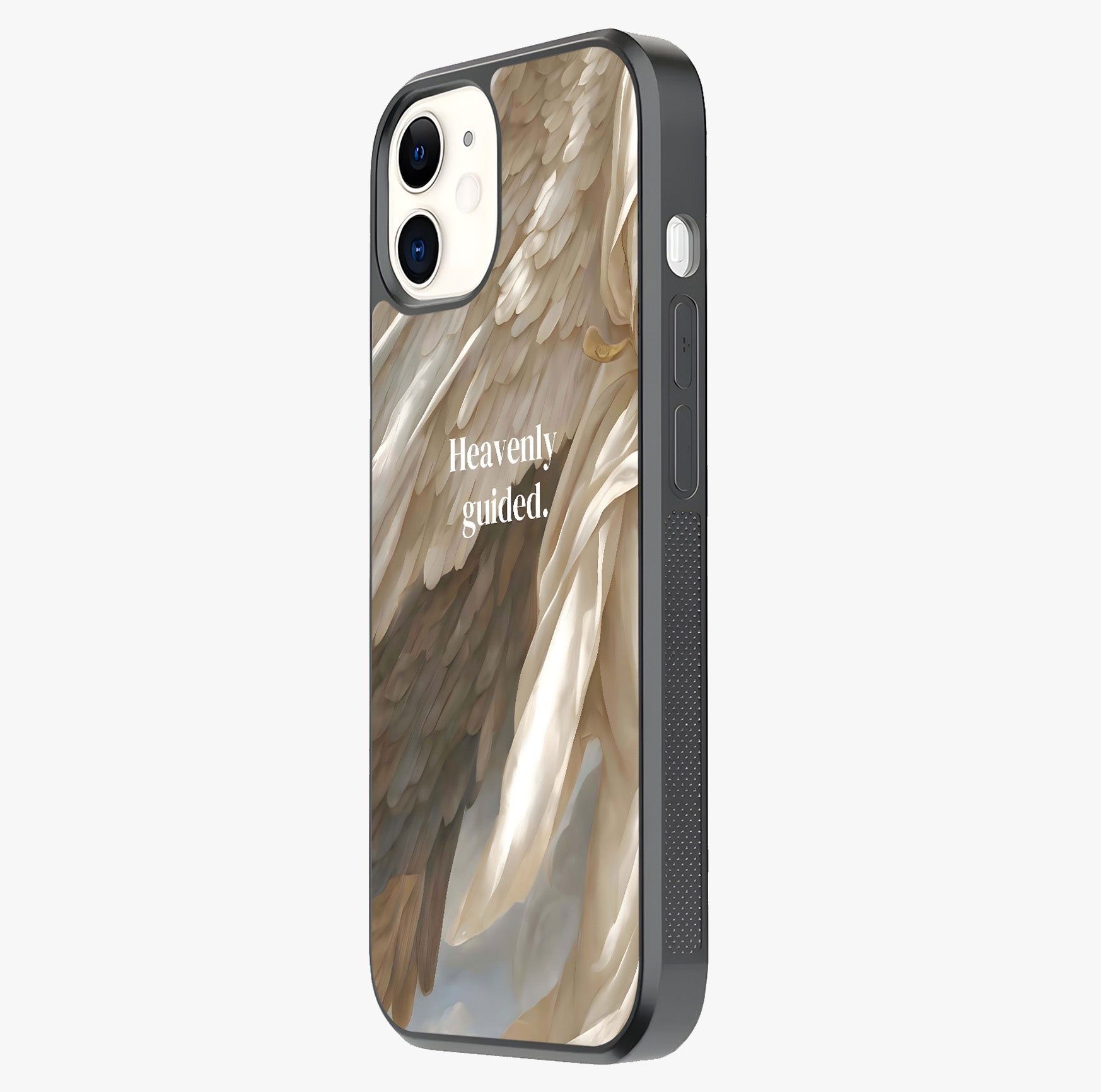 Divine Winged Grace Glass Case photographed in natural light showing reflective finish and design depth.