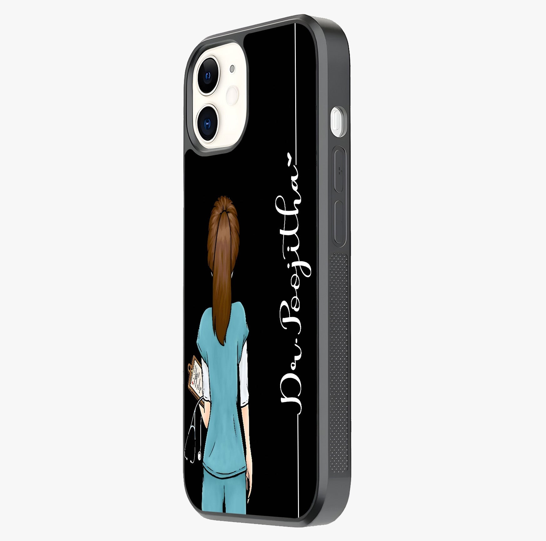 Doctor Pattern Custom Name Glass Case photographed in natural light showing reflective finish and design depth.