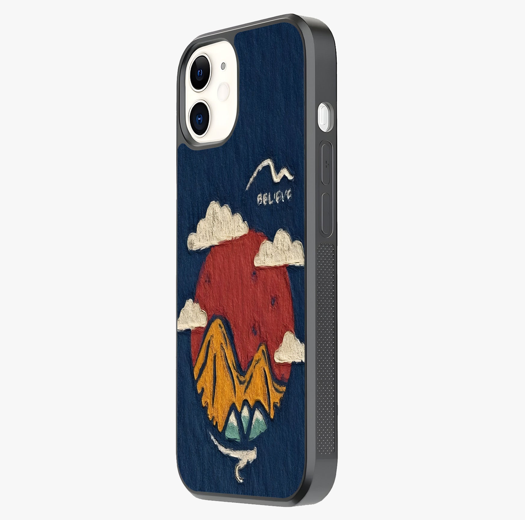 Dream Beyond Mountains Glass Case photographed in natural light showing reflective finish and design depth.