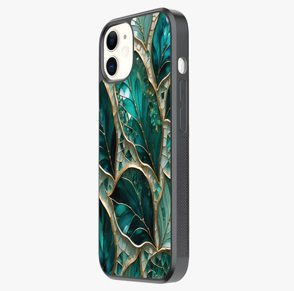 Emerald Leaf Glass Glass Case photographed in natural light showing reflective finish and design depth.
