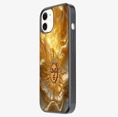 Eternal Golden Glow Glass Case photographed in natural light showing reflective finish and design depth.